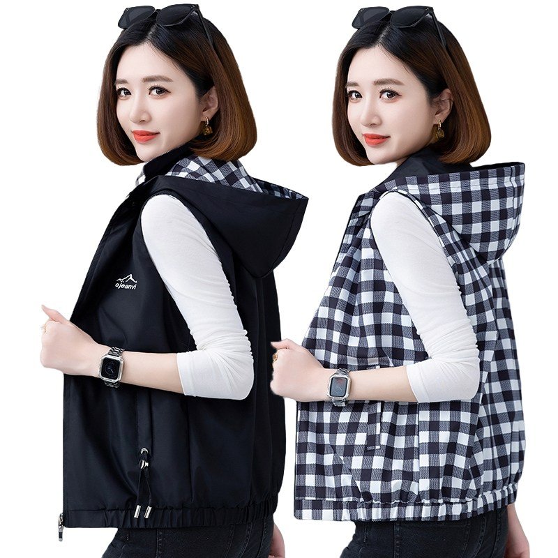 MOSAIRATION 여성용 리버시블 체크 패턴 후드 베스트 캐주얼 양면 조끼 Y092910 CC할인 상세 이미지 2