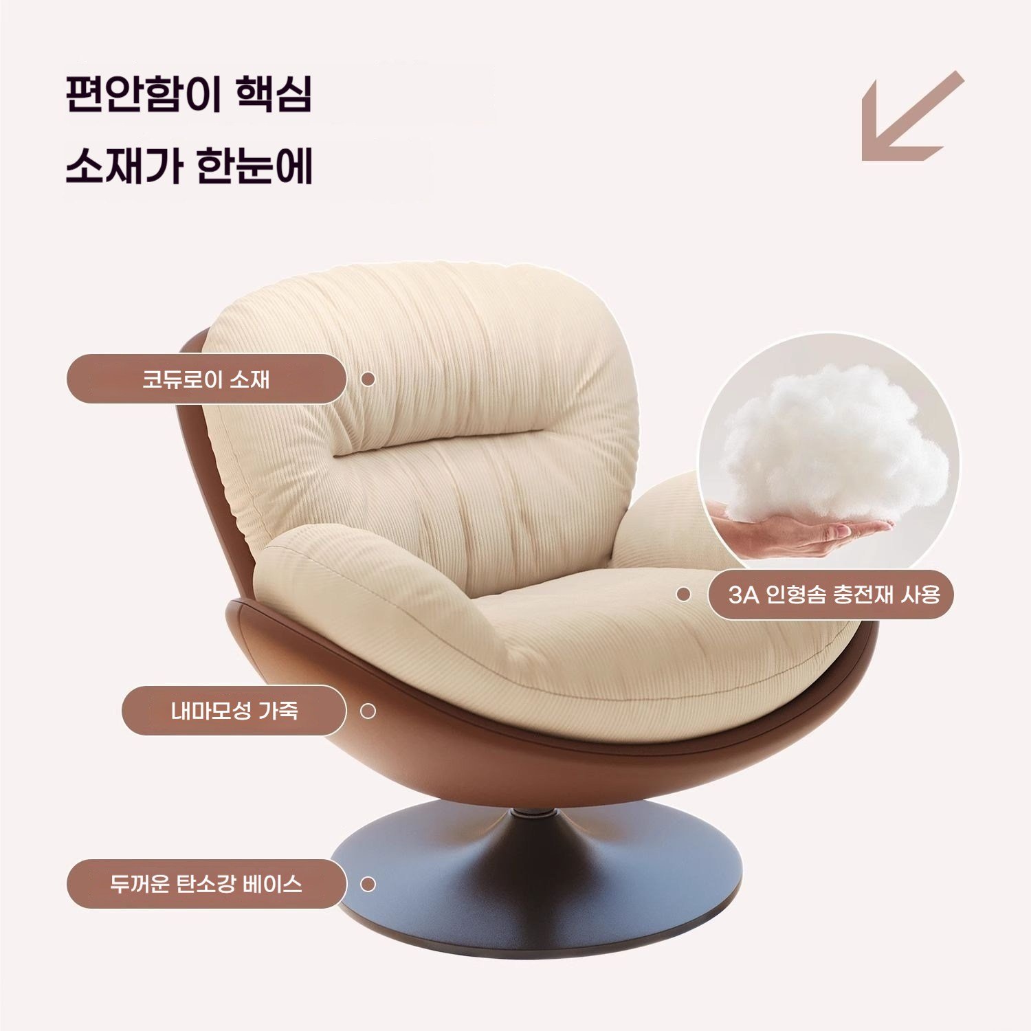 BYOU 럭셔리 1인용 대형 리클라이너 360도 회전 소파 높이조절 흔들의자, 1개, 흰색 + 흰색 상세 이미지 1